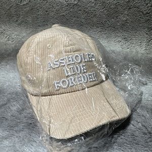 *SOLD* A**holes Live Forever/Linda Finegold Cream Corduroy Embroidered Hat 😈